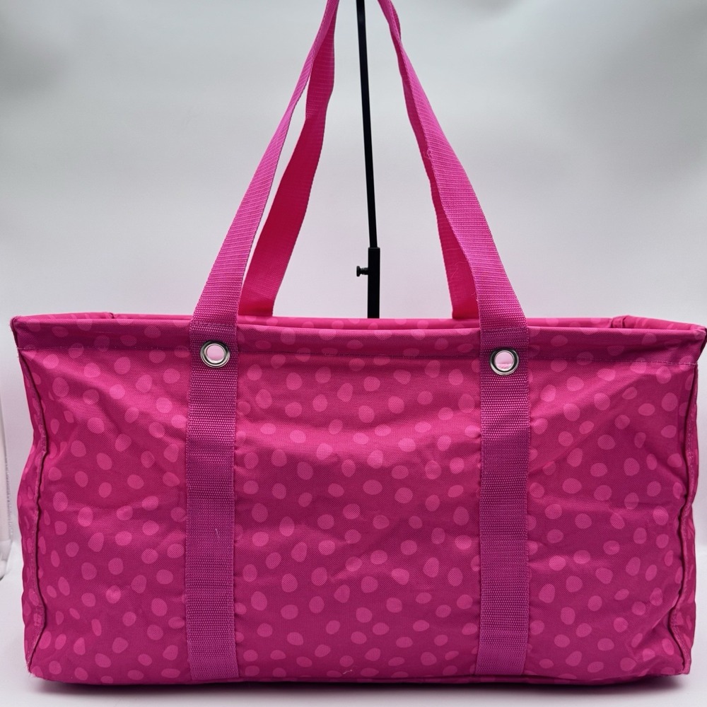 Thirty-One XL Utility Frame Tote Pink Polka Dot White Vinyl Lining 21.5" Long